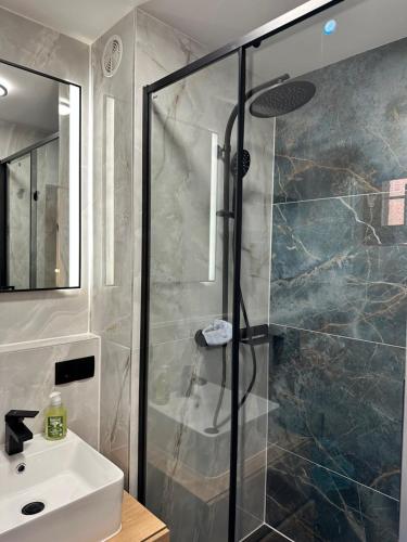 une salle de bain avec une douche avec un lavabo et un miroir dans l'établissement Exclusive Beachfront Luxury!, à Gruissan