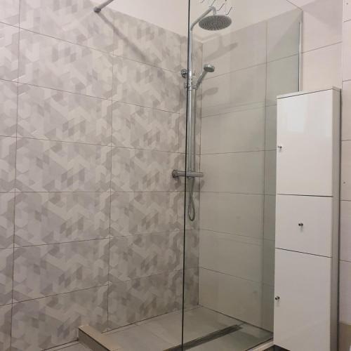 a shower with a glass door in a bathroom at Apartament Mara in Alba Iulia