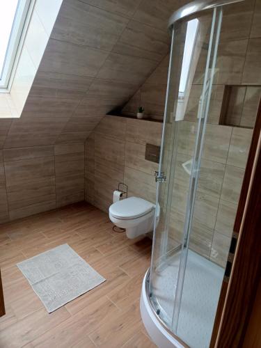 a attic bathroom with a shower and a toilet at Między Górami in Korbielów