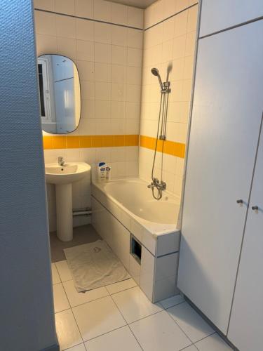 une salle de bain avec une baignoire et un lavabo dans l'établissement maison d'Adrien et Mathilde, au Mans