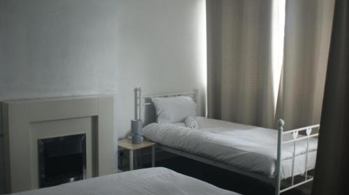 伦敦Homerton Home的带两张床和一个壁炉的卧室