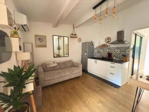 un salon avec un canapé et une cuisine dans l'établissement Le Mazet L'intimiste Les Hauts de Nîmes, à Nîmes