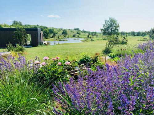 a garden with purple flowers and a building at Aurora Resort in Stasiūnai