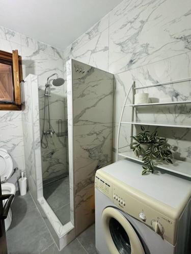 a washing machine in a bathroom with a marble wall at villa katerina in Iraklitsa