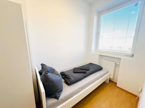 a room with a bench with pillows and a window at 3 Zimmer 5 Betten zentral Leoben Top3 in Leitendorf