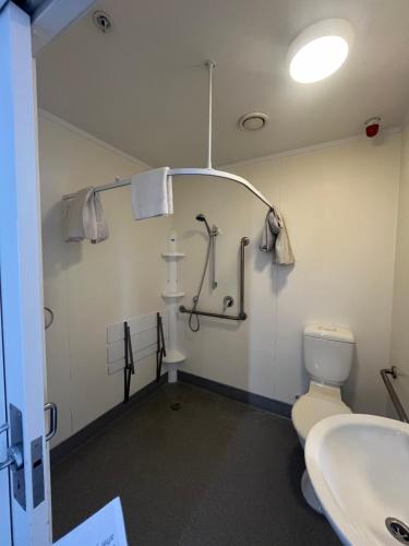a bathroom with a toilet and a sink at Nomads Capital Backpackers - Wellington in Wellington