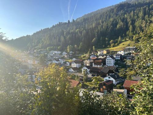 a town on a hill with houses and trees at Luxury family Chalet with extraordinary Mountain views in Trin