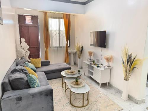 a living room with a couch and a tv at Mama Abayi Fakhi in Mombasa