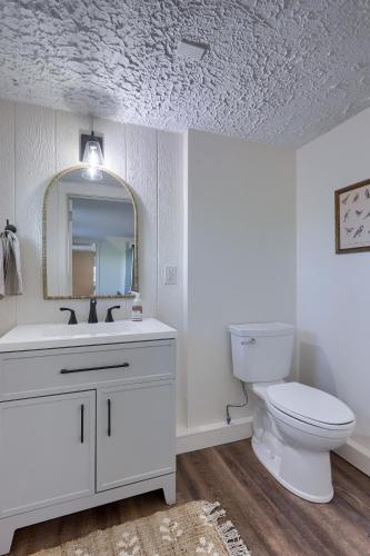 a bathroom with a toilet and a sink and a mirror at Homestead Haven in Gettysburg