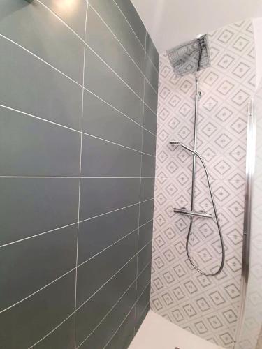 une douche dans une salle de bain avec un mur carrelé dans l'établissement Downtown Apartment with Parking Amboise 2, à Vannes