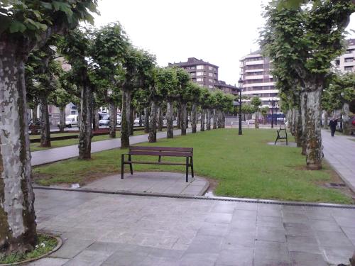 a park with a bench and trees on a sidewalk at Posada Casa de Valle in Colindres