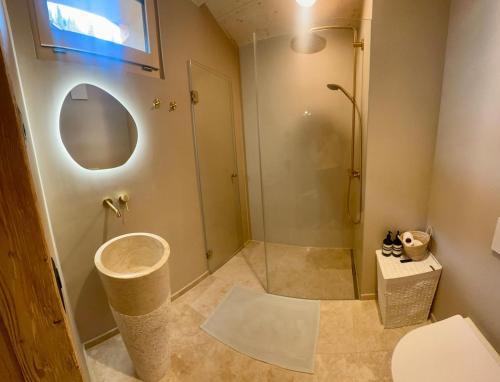 a bathroom with a shower and a toilet and a sink at Luxury family chalet with extraordinary views in Trin