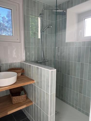 une salle de bain avec douche et lavabo dans l'établissement Belle maison familiale vue sur mer, accès direct à la plage, à Pleumeur-Bodou