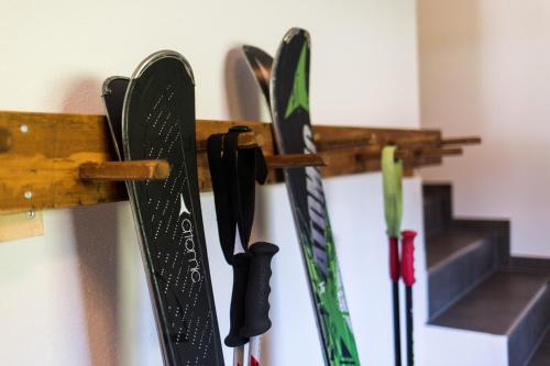 a group of skis are hanging on a wall at Höllhof Dachstein West in Russbach am Pass Gschütt