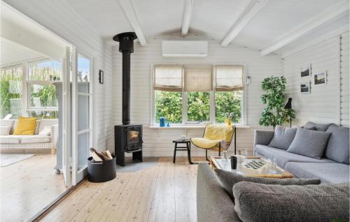 オテルプにある3 Bedroom Amazing Home In Otterupのソファとストーブのあるリビングルーム