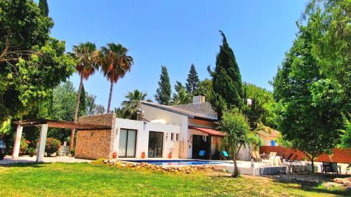 a house with a swimming pool and palm trees at The Stone Villa in Pissouri