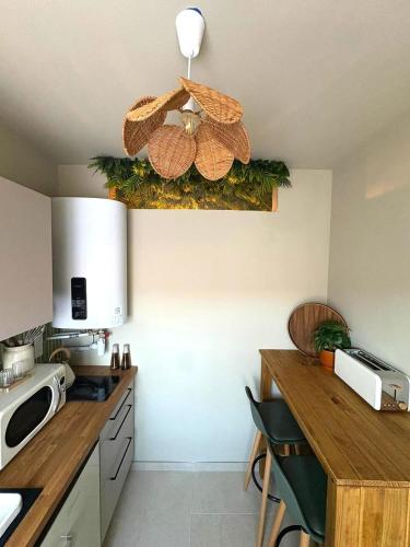 une cuisine avec une table et un comptoir dans l'établissement La Cachette Sauvage au cœur de Villefranche, à Villefranche-sur-Saône