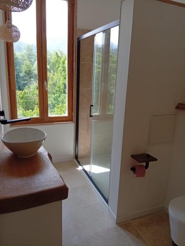 une salle de bain avec une douche en verre et un lavabo dans l'établissement Maison de vacances familiale, à Quillan