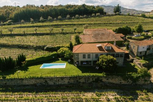 an aerial view of a house in a vineyard at Quinta da Portela - Casa Visconde Arneiros - by RowdHouses in Lamego