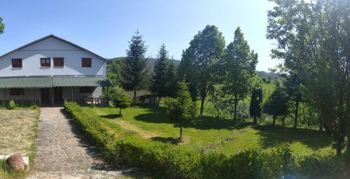 a white house in a field with trees at Green Oasis Villa in Voskopojë