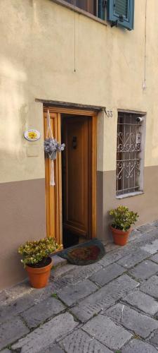 a door of a building with two potted plants at La Prebeluna da Ceve in Pieve di Teco