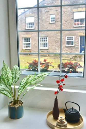 a window with two vases and a plant on a counter at Muddy Boots-Arcade Royale in Kirkby Stephen