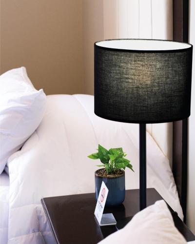 a lamp on a table with a plant on a bed at Hotel San Miguel in Piura