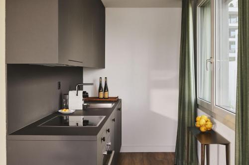 a kitchen with a sink and a window at Belmont Residences lakeview in Horgen Zürich Zug Pfäffikon in Horgen