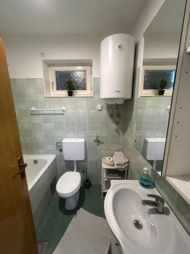 a bathroom with a white toilet and a sink at Apartment Mila in Plitvička Jezera