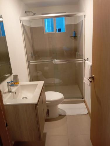 雅科A short walk from the sea - 2 bedrooms - 2 beds - 2 bathrooms的带淋浴、马桶和水槽的浴室