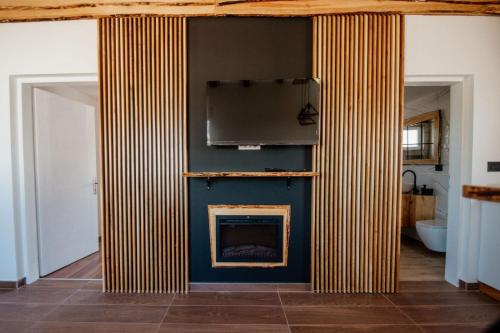 a living room with a blue wall with a fireplace at Sunny Apartments in Malo Laole