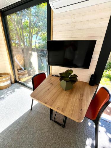 - une table avec une télévision et une plante en pot dans l'établissement STUDIO CHALET sous les figuiers, à Saint-Nazaire-de-Pézan