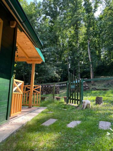 a dog standing in the grass next to a fence at Brvnara Vrganj in Savinac