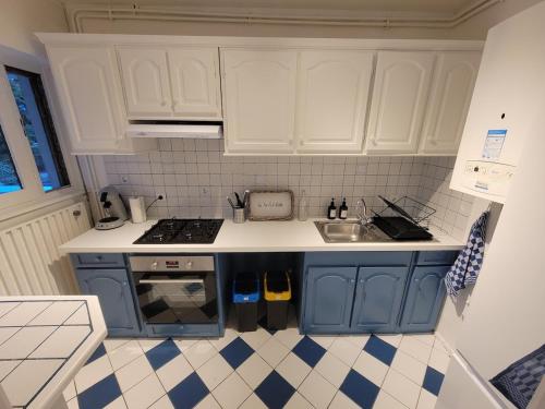 - une cuisine avec des placards bleus, une cuisinière et un évier dans l'établissement Lumineux T3 en duplex, à Bègles