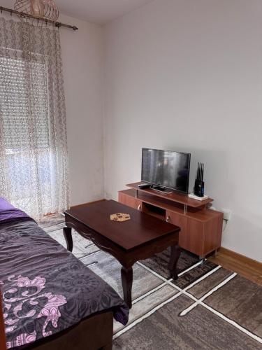 Una sala de estar con televisión y una mesa de café. en Stan na dan, Stari aerodrom!, en Podgorica