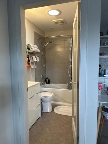 a bathroom with a tub and a toilet and a sink at K STREET CARRIAGE HOUSE Studio in Penticton