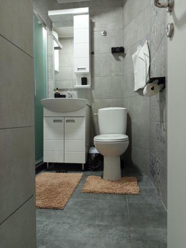 a bathroom with a white toilet and a sink at ParkSide Apartman in Arandjelovac