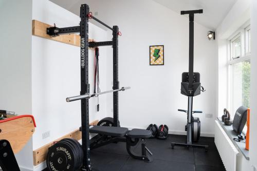 a room with a gym with a treadmill and weights at Idyllic hideaway with hot tub, gym & gamesroom in Penzance