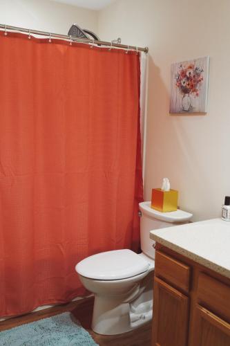 a bathroom with a toilet and an orange shower curtain at Lakeshore Lodging Apartment G in Homer