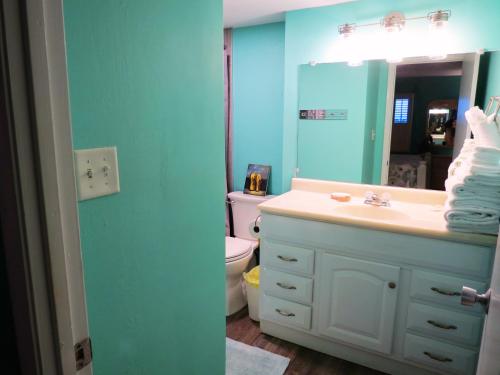 a bathroom with a sink and a toilet and a mirror at Mariner East in Panama City Beach