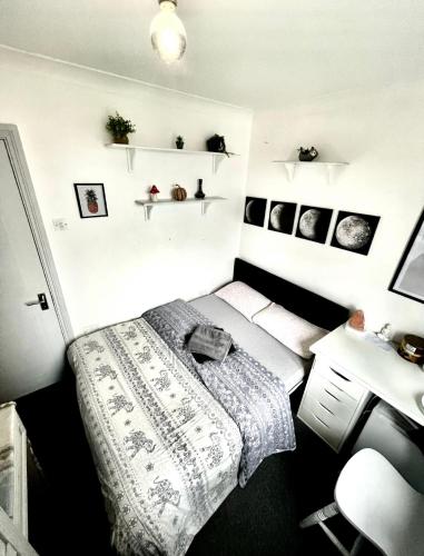 a small room with a bed and a desk and a bed sidx sidx sidx sidx at Double Room in a Cozy shared apartment, Custom House Harbour Apartments in Dublin