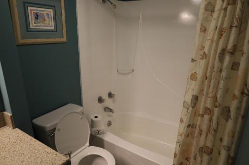 a bathroom with a shower curtain and a toilet at Mariner East in Panama City Beach