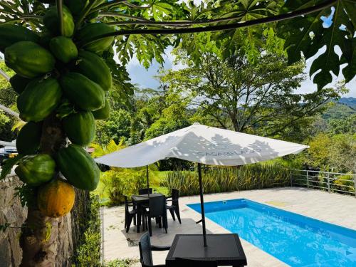 a patio with a table and an umbrella next to a pool at Casa del lago garagoa Boyaca in Garagoa