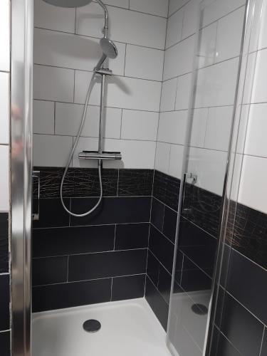 La salle de bains est pourvue d'une douche et de carrelage noir et blanc. dans l'établissement Auberge à la croisée, à Saint-Barthélemy