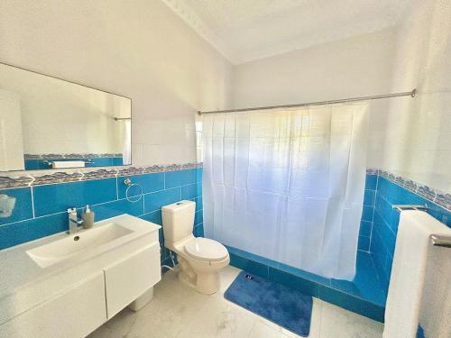 a blue and white bathroom with a toilet and a sink at Villa Rosa 3 Habitaciones Balcones Aire Acondicionado Espacio Ideal Para Tu Familia O Grupo in Río San Juan