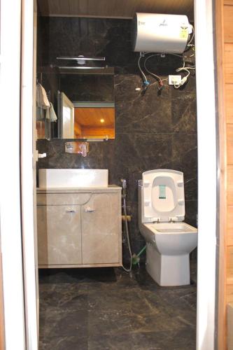 a bathroom with a toilet and a sink and a mirror at Norbu Thungkar Homestay in Darjeeling