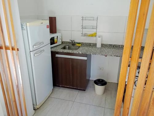 a small kitchen with a sink and a refrigerator at Departamento en el corazón de Villa Carlos Paz in Villa Carlos Paz