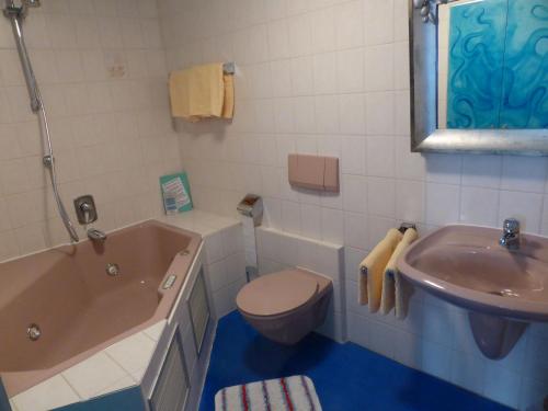 a bathroom with a tub and a toilet and a sink at Gasthaus Storchen Hellas in Haslach im Kinzigtal