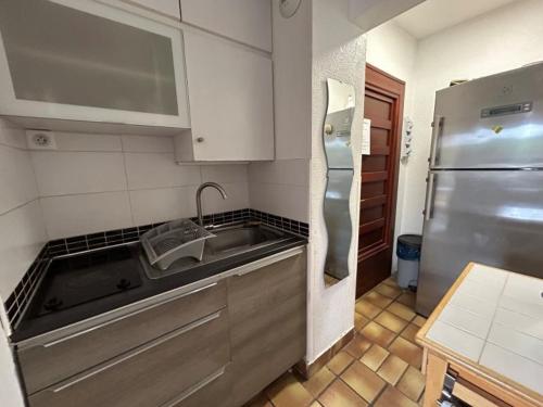 une cuisine avec un évier et un réfrigérateur en acier inoxydable dans l'établissement Appartement mezzanine 4 couchages - FR-1-837-21, à Argelès-sur-Mer