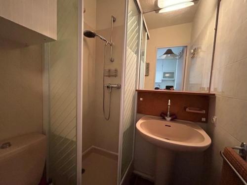 La salle de bains est pourvue d'un lavabo et d'une douche à côté des toilettes. dans l'établissement Appartement mezzanine 4 couchages - FR-1-837-21, à Argelès-sur-Mer